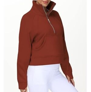 Half Zip Pullover Fleece Stand Collar Crop Sweatshirt with Pockets Maroon